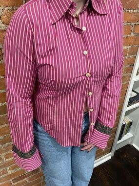 Adorable Striped Fuchsia Button-Down Shirt with Contrast Cuff Detail | Size M